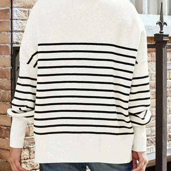 White Casual Women's Crew Neck Long Sleeve Striped Design Pullover Sweater - Picture 2 of 3